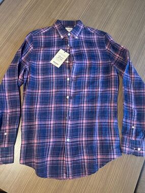 Murano Linen Plaid Button-Down Shirt - Navy & Pink